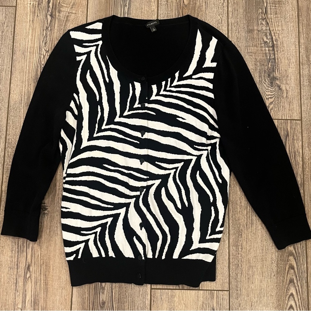 Talbots Zebra Print Button Up Cardigan Sweater - Size L